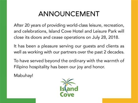 Island Cove will close its doors and cease its operations on.